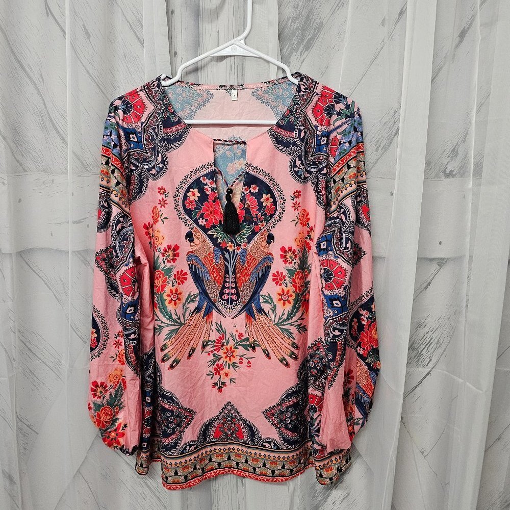 Unbranded Pink Parrot Floral Boho Silky Peasant Blouse Size 4XL.  Beautiful !!!!